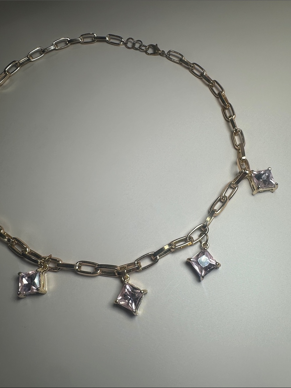 Gold Chain Necklace with Pink Square Crystal Charms